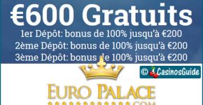EuroPalace Casino, un Microgaming doté de 600 jeux et 600 €/$/£/C$ de bonus.