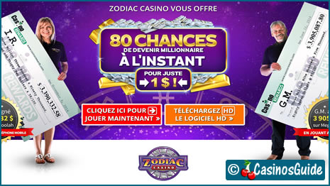 Casino Zodiac, pour 1 €/$/£/C$, recevez 80 tours gratuits sur une machine à sous.